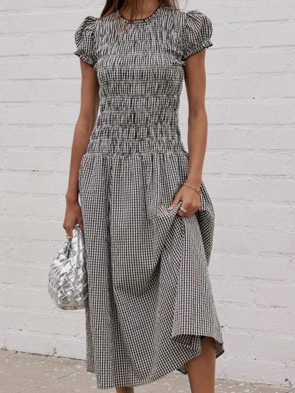 Bohme Smocked Gingham Midi Dress - Black & White - s